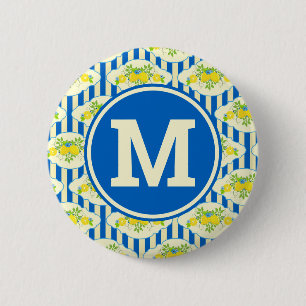 Summery Blue Stripes & Lemons and Leaves Pattern 6 Cm Round Badge