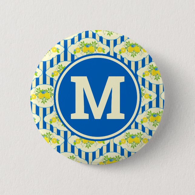 Summery Blue Stripes & Lemons and Leaves Pattern 6 Cm Round Badge (Front)