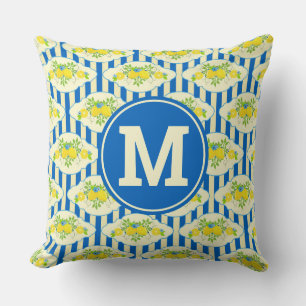 Summery Blue Stripes & Lemons and Leaves Pattern Cushion