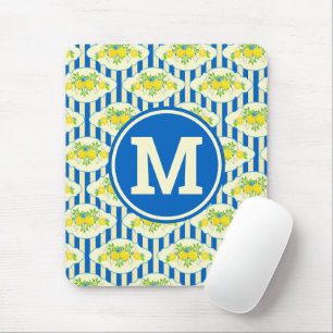 Summery Blue Stripes & Lemons and Leaves Pattern Mouse Mat