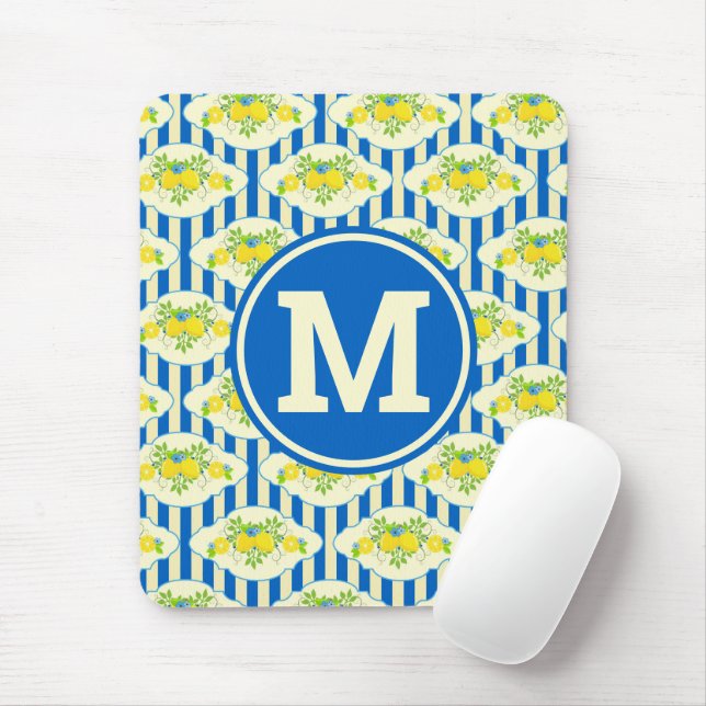Summery Blue Stripes & Lemons and Leaves Pattern Mouse Mat (With Mouse)