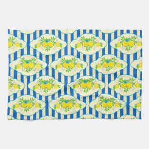Summery Blue Stripes & Lemons and Leaves Pattern Tea Towel