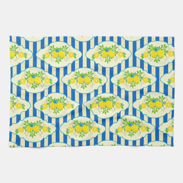 Summery Blue Stripes & Lemons and Leaves Pattern Tea Towel (Horizontal)