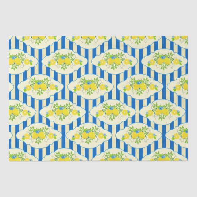 Summery Blue Stripes & Lemons and Leaves Pattern Tissue Paper (Front)