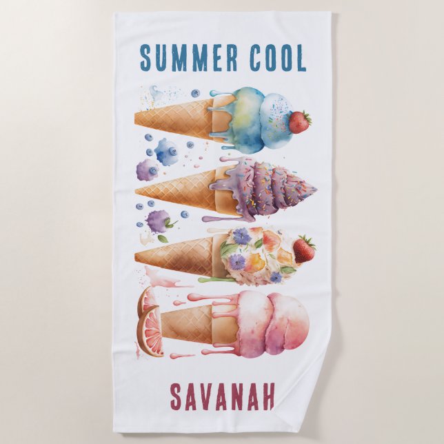 SUMMERY COLORFUL ICE CREAM CONES  BEACH TOWEL (Front)