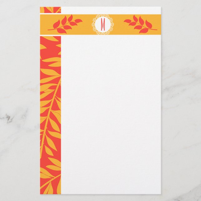 Summery Coral Orange and Golden Yellow Monogram Stationery (Front)
