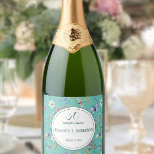 Summery Custom Light Teal Wildflower pattern Sparkling Wine Label