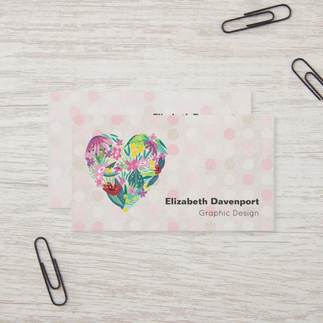 Summery Floral Heart in Pink and Green Business Card (Front/Back In Situ)