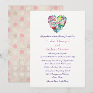 Summery Floral Heart in Pink and Green Wedding Invitation