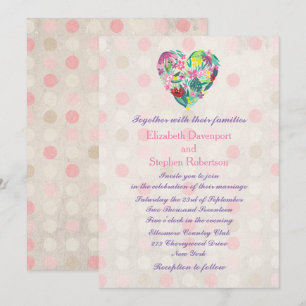 Summery Floral Heart in Pink and Green Wedding Invitation