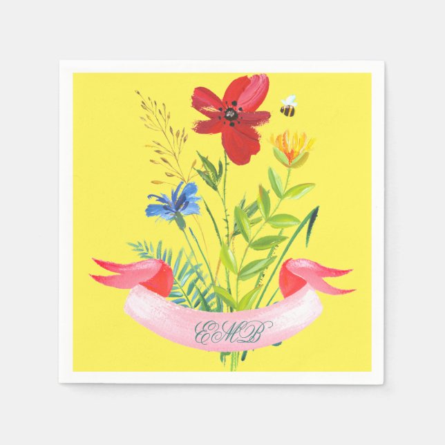Summery floral Yellow Summer Modern Monogram Napkin (Front)