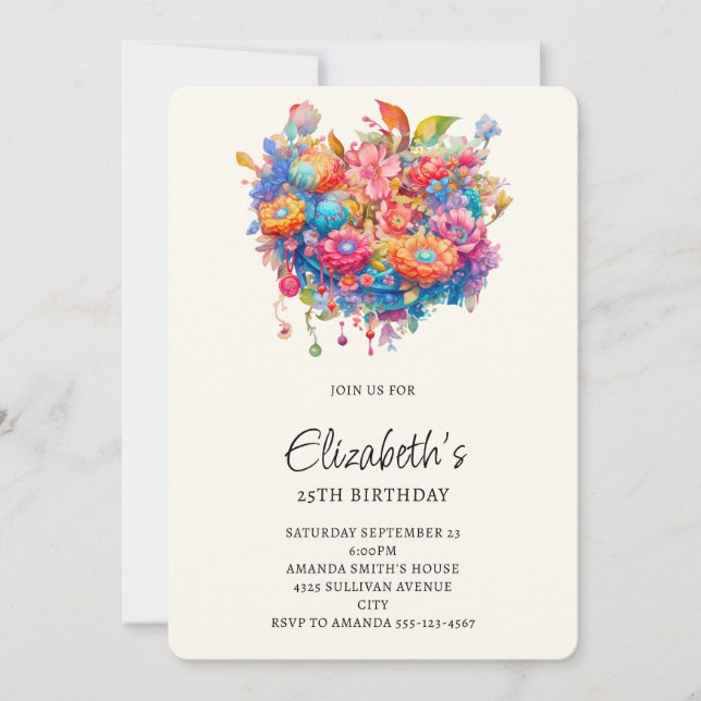 Summery Flower Bouquet Whimsical Boho Birthday Invitation (Front)