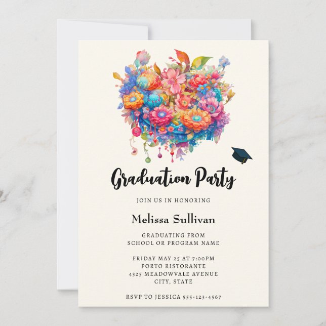 Summery Flower Bouquet Whimsical Boho Graduation Invitation (Front)