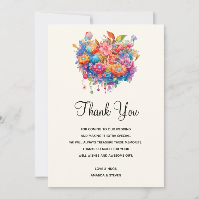 Summery Flower Bouquet Whimsical Boho Wedding Thank You Card (Front)