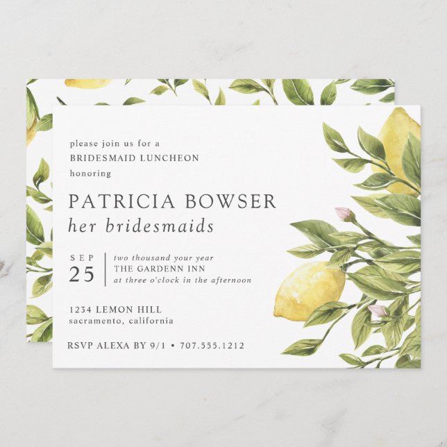Summery lemons leaves Bridesmaid Luncheon custom Invitation (Front/Back)