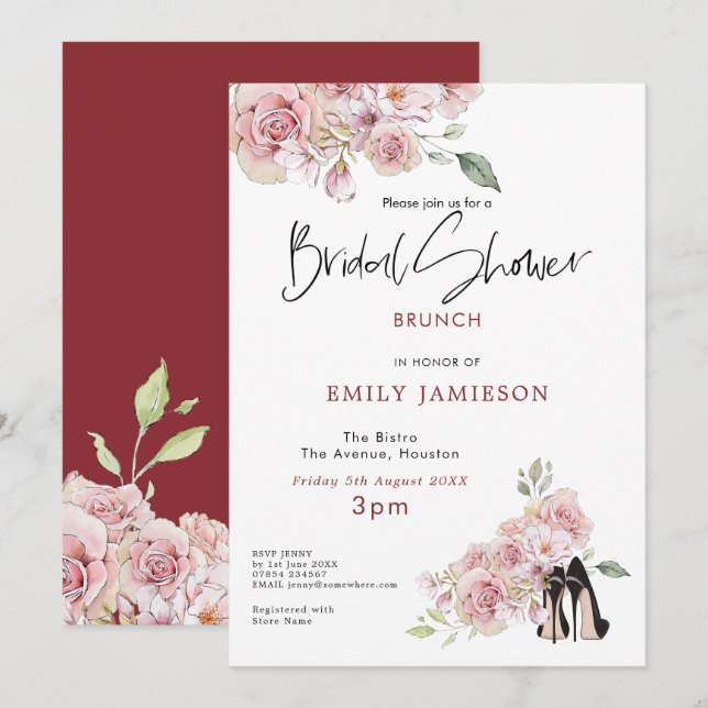 Summery Pink Flowers Stilletto Shoes Bridal Shower Invitation (Front/Back)