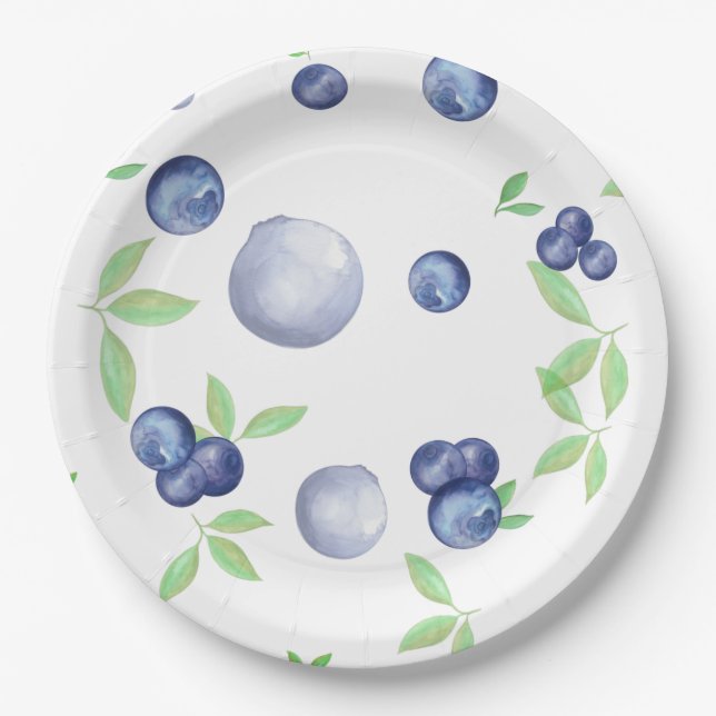 Summery Watercolor Blueberry Paper Plate (Front)