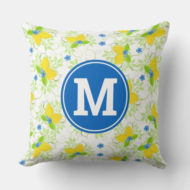 Summery White and Yellow Lemons Floral Pattern Cushion (Front)