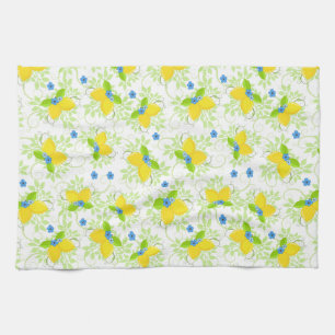 Summery White and Yellow Lemons Floral Pattern Tea Towel
