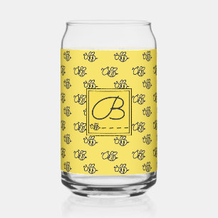 Summery Yellow Bee Doodles Monogrammed Can Glass