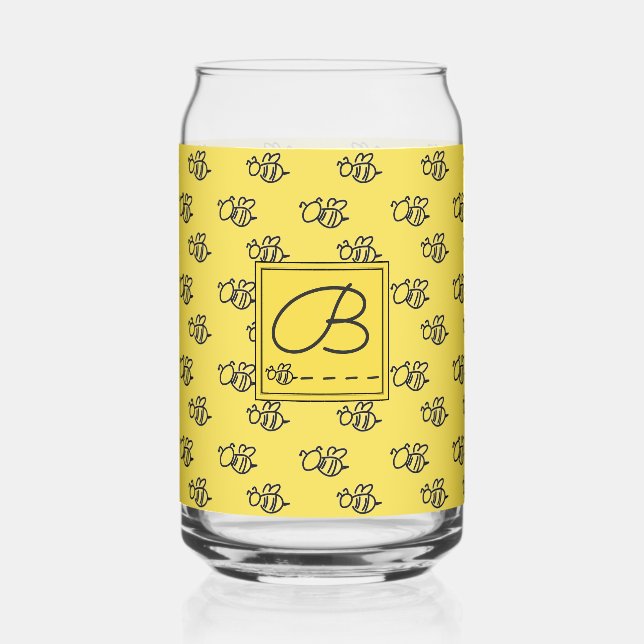 Summery Yellow Bee Doodles Monogrammed Can Glass (Front)