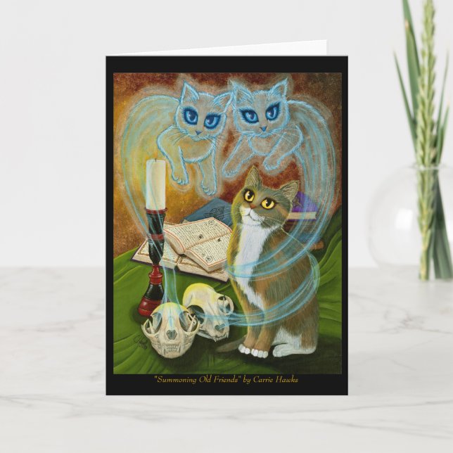 Summoning Old Friends, Ghost Cat Art Greeting Card (Front)