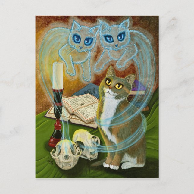 Summoning Old Friends, Ghost Cat Art Postcard (Front)