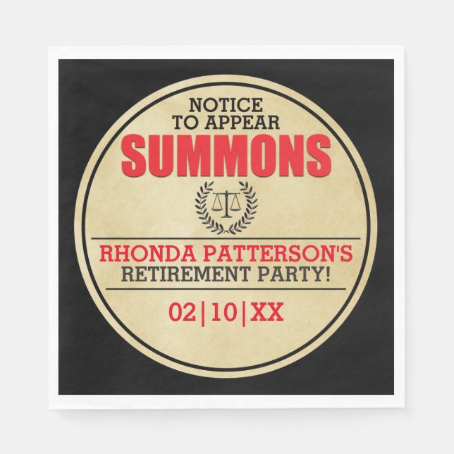 Summons Retirement Party Napkin (Front)