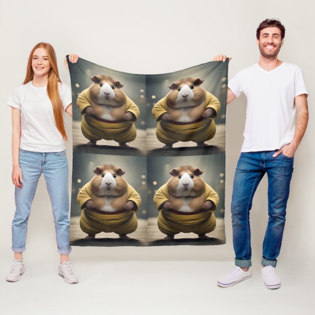 "Sumo Squeakdown: The Mighty Guinea Pig Wrestler" Fleece Blanket (In Situ)