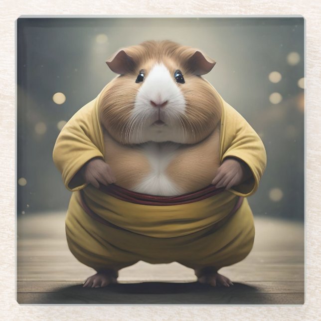 "Sumo Squeakdown: The Mighty Guinea Pig Wrestler" Glass Coaster (Front)