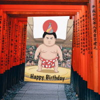 Sumo wrestler in dohy japanese flag