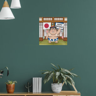 Sumo wrestler in dohy japanese flag poster