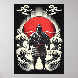 Sumo Wrestler In Red Moon, Japanese Anime Tattoo Poster