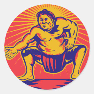 Sumo wrestlercrouching retro woodcut classic round sticker
