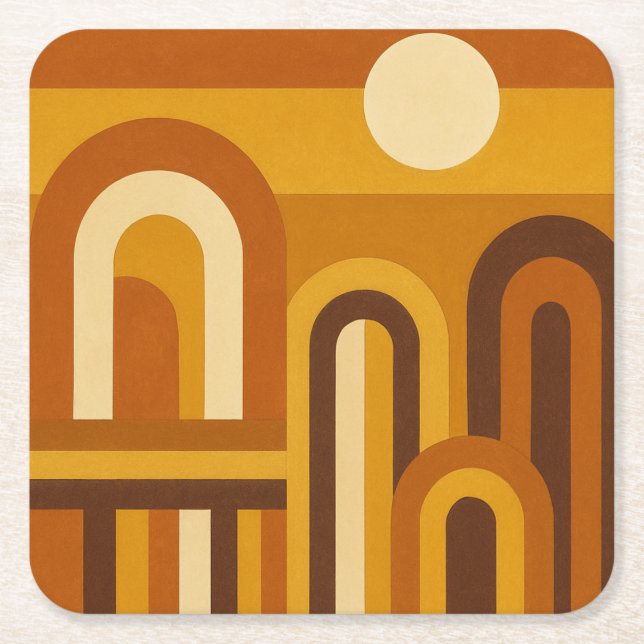 Sun and Arches Mid Century Modern Geometric Design Square Paper Coaster (Front)