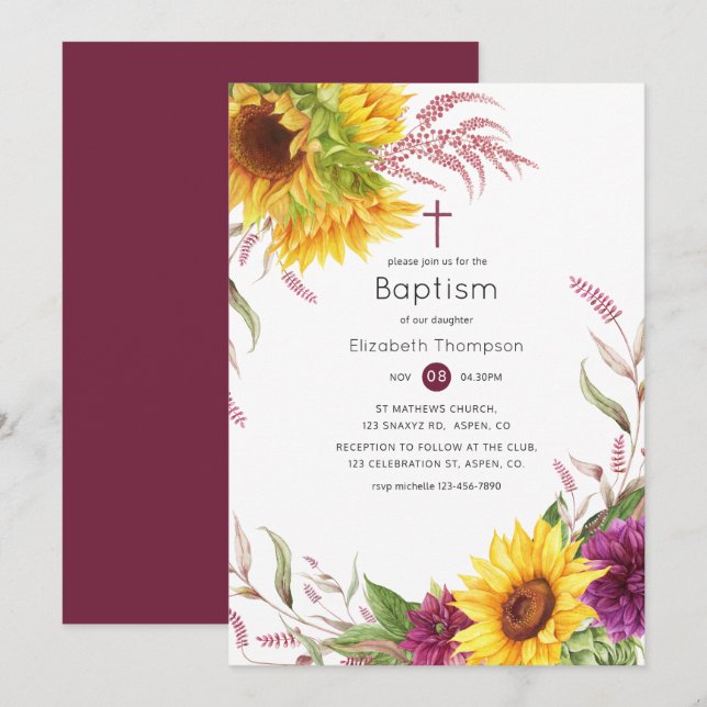 Sun and Burgundy Plum Floral Baptism Invitation (Front/Back)