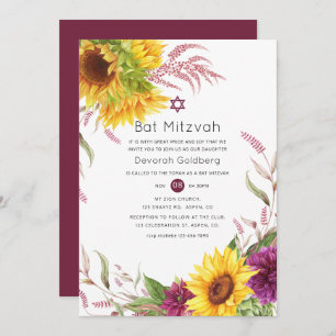 Sun and Burgundy Plum Floral Bat Mitzvah Invitation