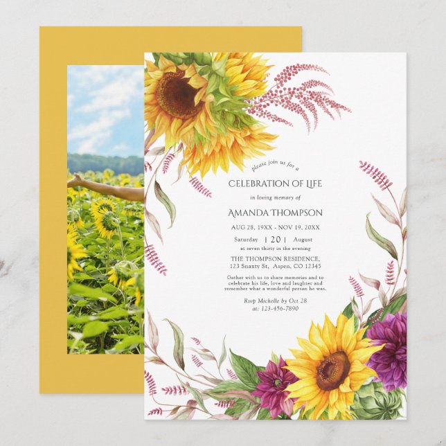 Sun and Burgundy Plum Floral Celebration of Life Invitation (Front/Back)
