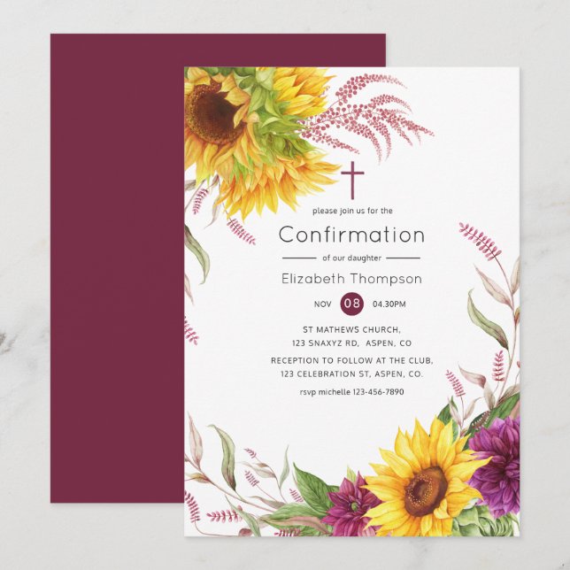 Sun and Burgundy Plum Floral Confirmation Invitation (Front/Back)