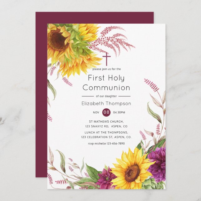 Sun and Burgundy Plum Floral Holy Communion Invitation (Front/Back)