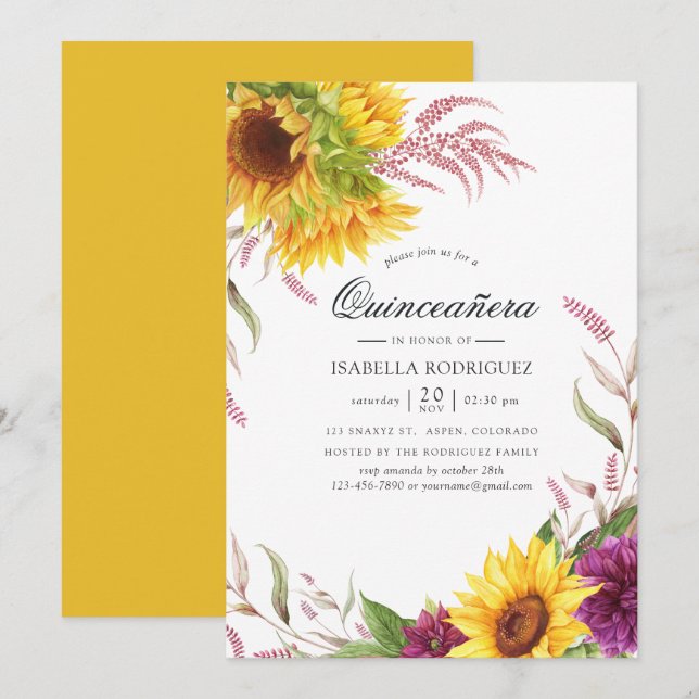 Sun and Burgundy Plum Floral Quinceañera Invitation (Front/Back)