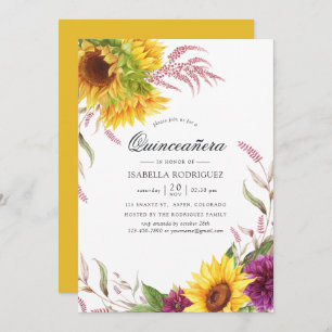 Sun and Burgundy Plum Floral Quinceañera Invitation