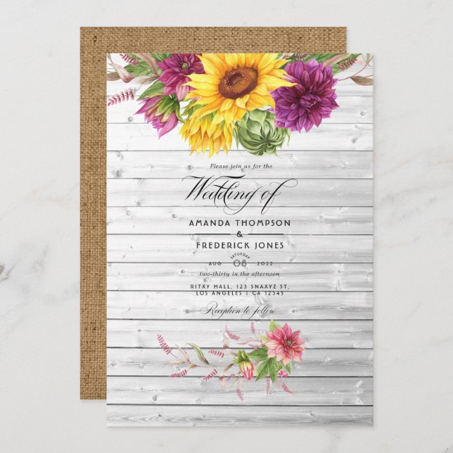 Sun and Burgundy Plum Floral Rustic Wedding Photo Invitation (Front/Back)
