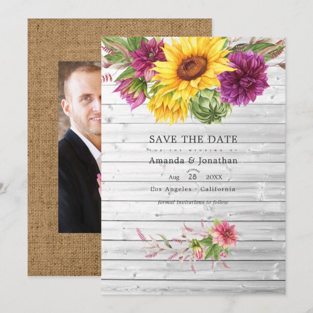 Sun and Burgundy Plum Floral Rustic Wedding Photo Save The Date (Front/Back)