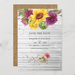 Sun and Burgundy Plum Floral Rustic Wedding Photo Save The Date