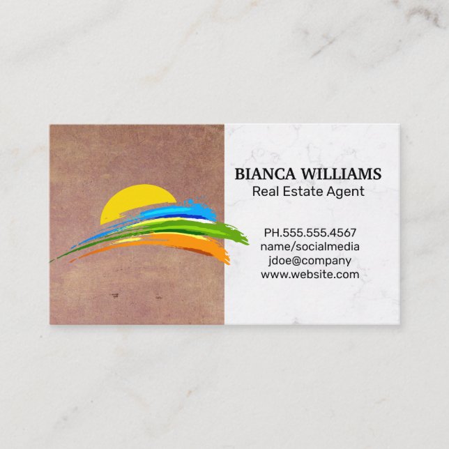 Sun and Coloured Paint Brush | Real Estate Agent Business Card (Front)
