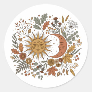 Sun and Crescent Moon Botanical Autumn Hoodie Classic Round Sticker