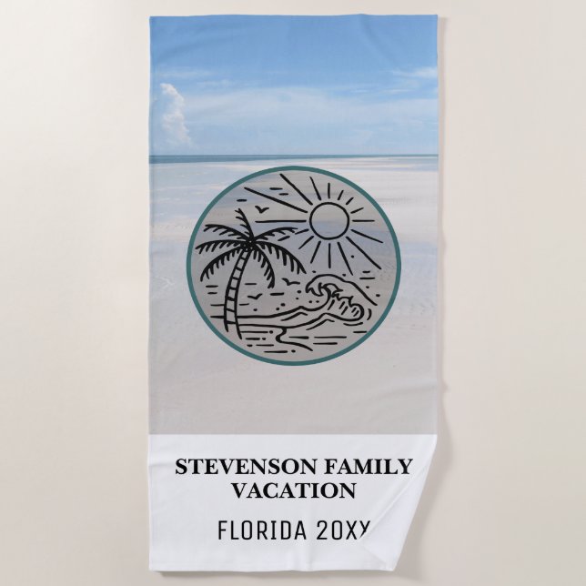Sun and Fun Family Vacation Palm Tree Sand Sky Beach Towel (Front)
