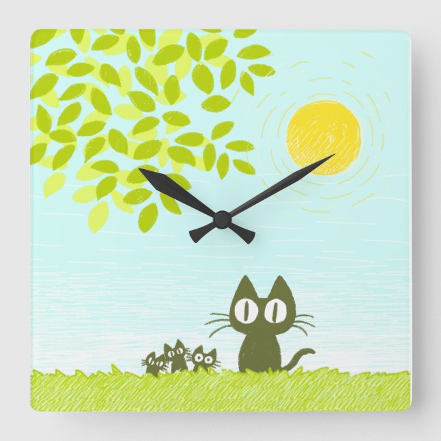 Sun and Leaves and Black Cat Square Wall Clock (Front)