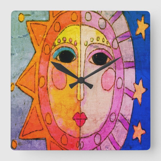 Sun and Moon Abstract Art Square Wall Clock (Front)